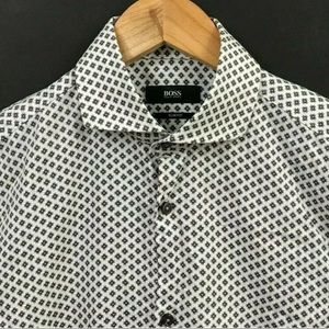 HUGO BOSS Men's Ivory/Brown Geometric Slim Fit Dress Shirt Size 14.5 x 30